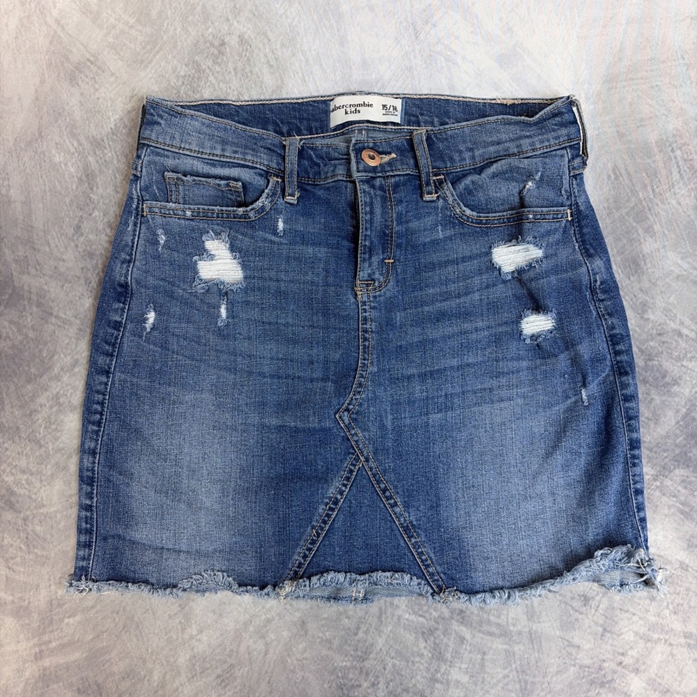 Abercrombie Kids Skirt Girls 15/16 Blue Denim Distressed Raw Hem Mini